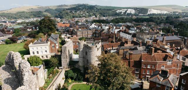 Aerial shot of Lewes with castle and grounds in view