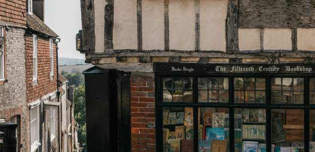Historic book shop front in historic town of Lewes
