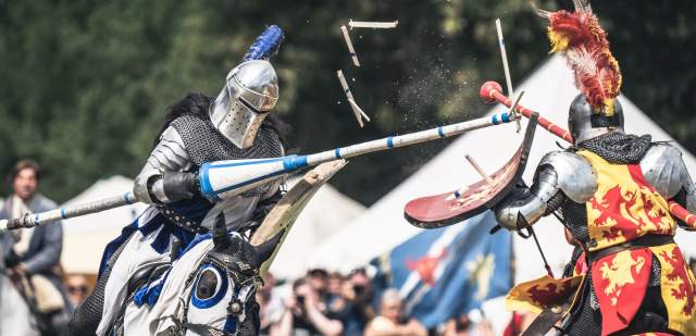 Two knights in a jousting battle at Loxwood, Sussex
