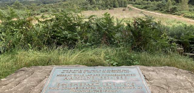 A view over a plaque commemorating winnie the pooh in the high weald