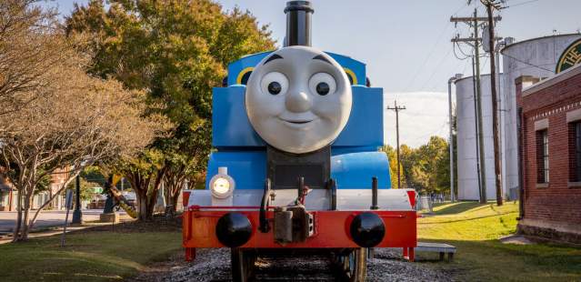 Thomas the Tank Engine on railroad tracks