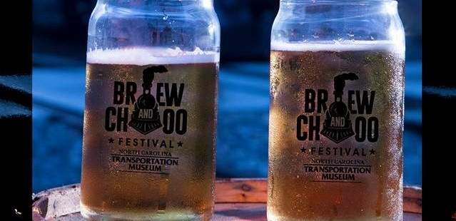 Two cups of beer with Brew and Choo logo on them