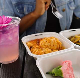 Two meals and a drink from Fayetteville, NC's Haymount Truck Stop featuring fresh, edible flowers
