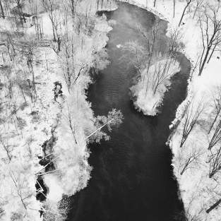 Snowy aerial shot of Huron River