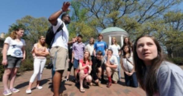 UNC Campus Tour Guide and students on Admissions Tour