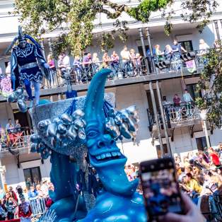 An elaborate blue float from Mobile's Mardi Gras parade
