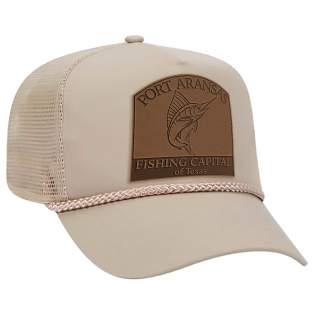 Tan hat with a leather patch that reads "Port Aransas Fishing Capital of Texas."