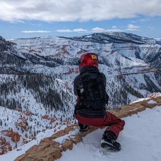 Looking out at the red rock formations of Cedar Breaks National Monument  dusted in snow from the Northern Overlook.