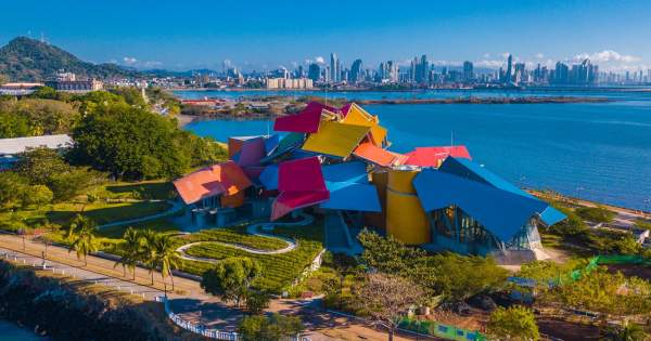 Aerial view of Biomuseo, at the backgroud Panama City skyline