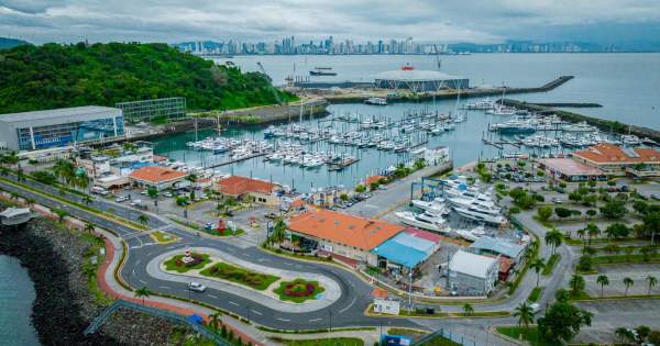 Aerial View of Amador Marina. Restaurants around it. City Skyline in the background.
