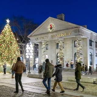 People looking at the Christmas Tree in front of Quincy Market