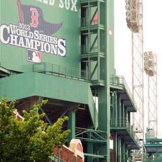 Fenway Park exterior with championship logo