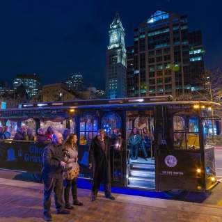 Patrons board the Ghosts and Gravestones tour bus in Boston.
