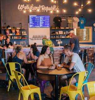 Casual brewery scene with patrons chatting at tables. Warm lighting, colorful chairs, bar backdrop with taps and apparel display, creating a lively, relaxed ambiance.