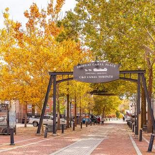 An archway over a stone and bricked path with full trees in fall colors in the background.