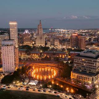 WaterFire, Proivdence, RI aerial view from a drone