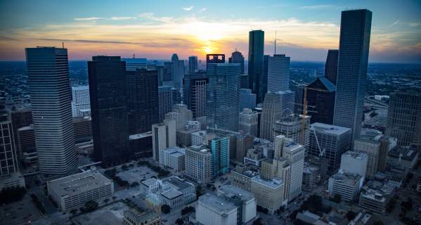 Houston Skyline at Dusk Blue and Gold Sky