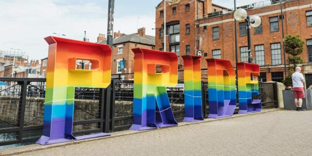 Tall letters spelling Pride sit in the quayside in Hull.