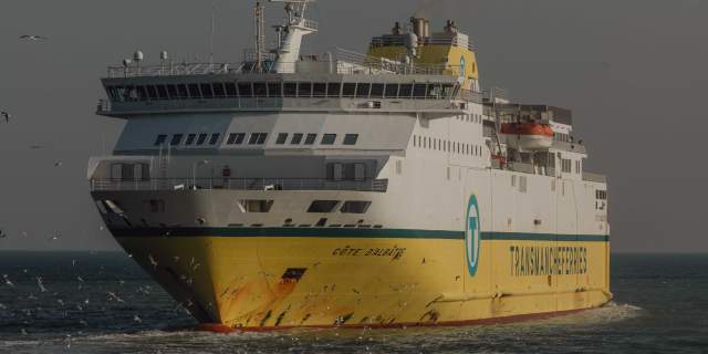 White and yellow ferry sailing in to Newhaven