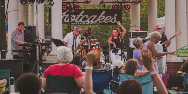 A crowd cheers during a concert