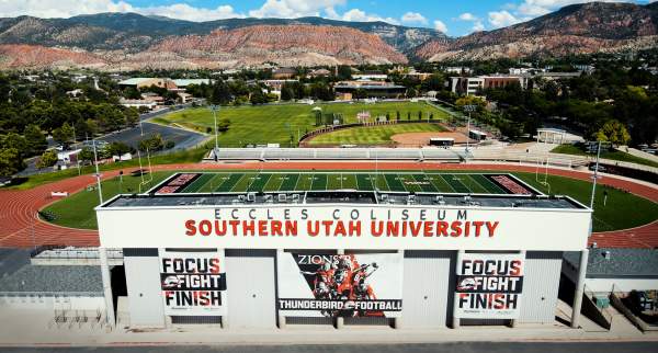 Aerial view of the Southern Utah University Football Stadium in downtown Cedar City.