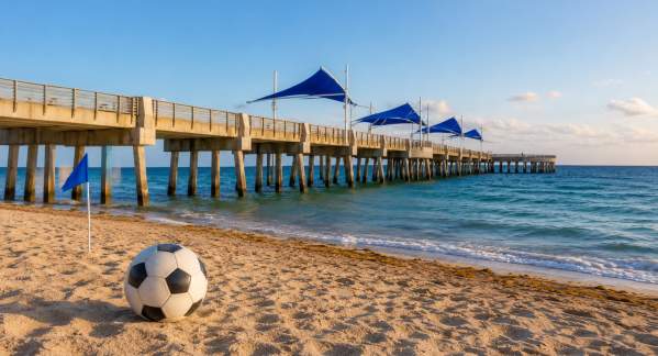 A soccer ball on the beach with the Pompano Beach Pier in the background.