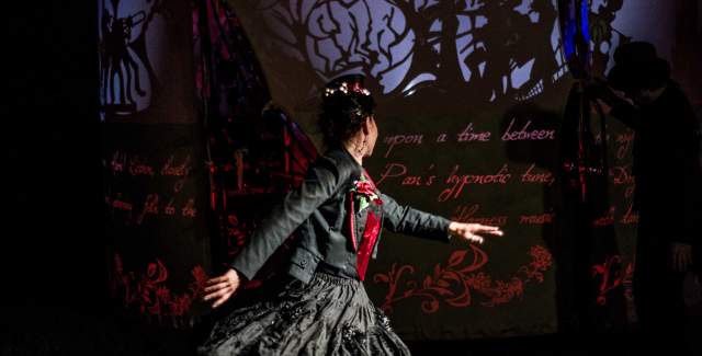 A performer dancing in fron of a shadow display light installation.