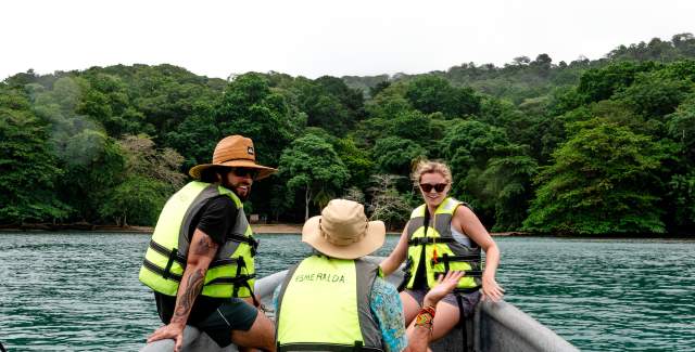 Group of friends Boating at Bocas del Toro Archipelago