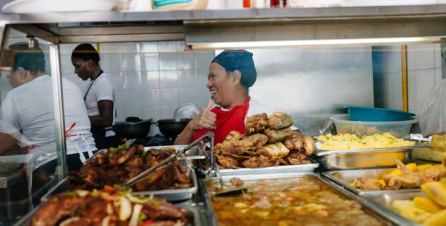 Trays with traditional Panamanian food in a small Fonda in Panama City
