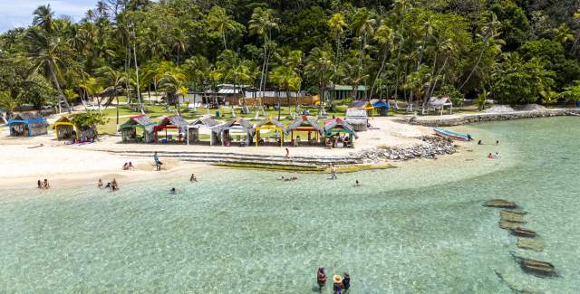 An aerial view captures the lush Isla Mamey in Panama, featuring white sandy beaches fringed with palm trees and turquoise waters.