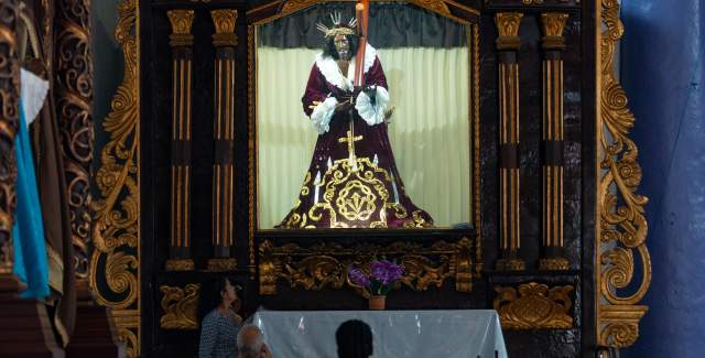 View of the Black Christ inside the altar in the church of San Felipe in Portobelo