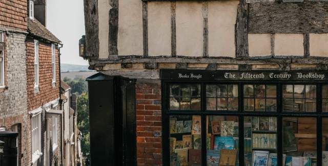 Historic book shop front in historic town of Lewes