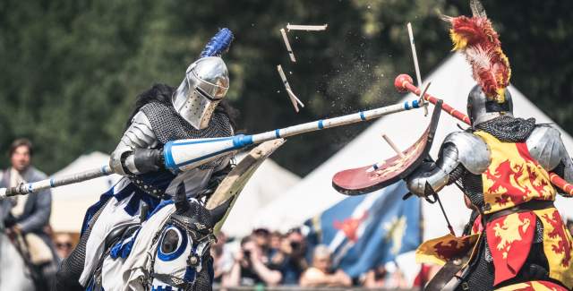 Two knights in a jousting battle at Loxwood, Sussex