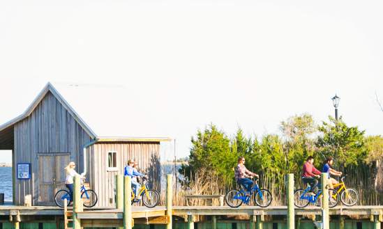bike, boardwalk, group, water, marina, manteo