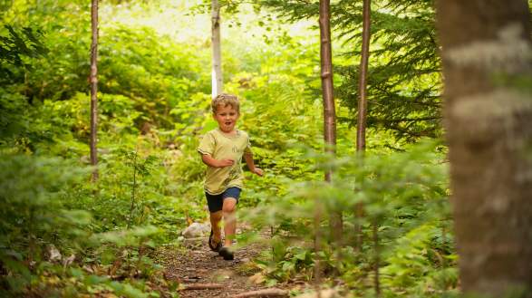 Little boy running through the woods on a trail
