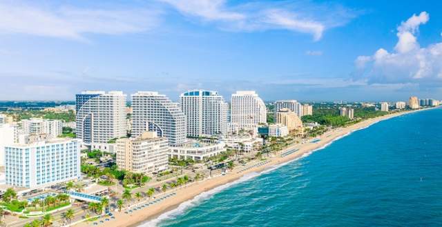 Aerial view of Fort Lauderdale beach hotels taken from over the Atlantic Ocean
