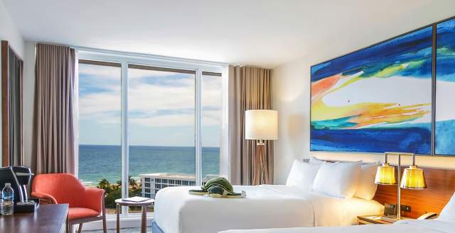 Interior of an oceanfront room with double beds at B Ocean hotel in Fort Lauderdale