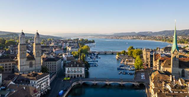 Aerial view of Geneva looking over the city toward the lake