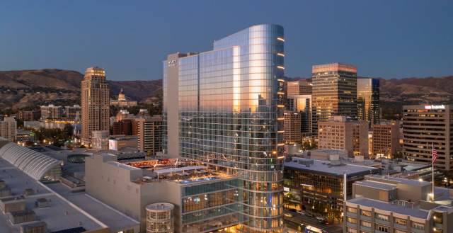 Salt Palace and Hyatt Regency aerial image from the southwest.