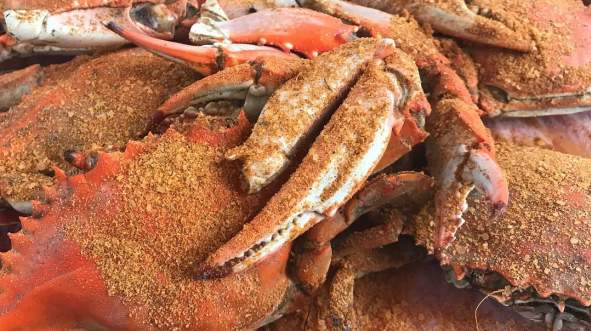 A close-up of seasoned crabs from Lowry's Crab Shack, piled together, showcasing their vibrant shells and spices, ideal for seafood lovers and culinary experiences.