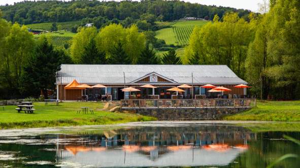 Henway Hard Cider's rustic building with a patio overlooks a serene pond, surrounded by lush greenery and rolling vineyards in the background.