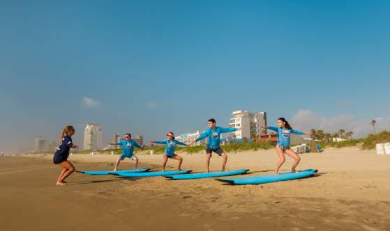 Group of young adults on surfboards on the shore being taught a lesson