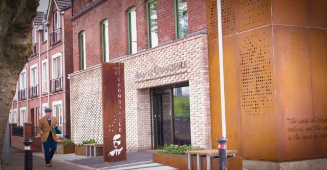 Man walking outside the James Connolly Visitor Centre.