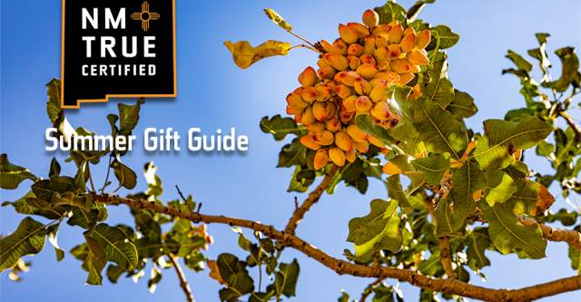 ripening orange pistachios on a branch are highlighted by a bright blue sky and bright sun. Text reads on an emblem NM True Certified, Summer Gift Guide