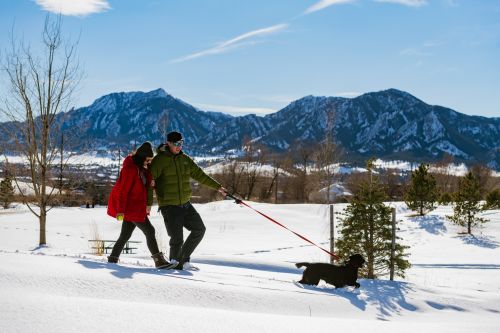 A couple hiking with a dog in the Flatirons in Boulder