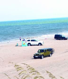Off-road vehicles parked on Outer Banks sandy beach with visitors walking along the shore and turquoise water in bright sunlight.