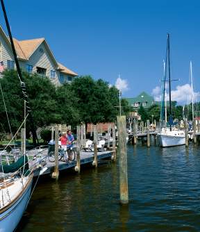 bikes and boats by the downtown Manteo boardwalk.