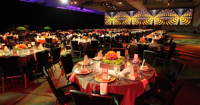 Convention Center interior hall with tables and settings