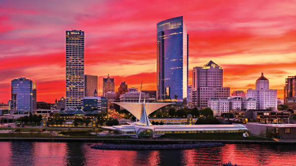 Milwaukee skyline at sunset
