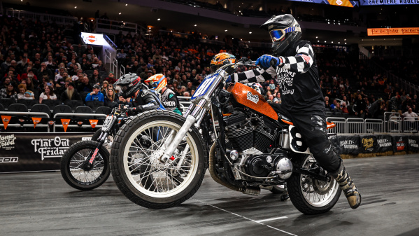 Motorcyclist getting ready at the start of a race inside Fiserv Forum for Flat Out Friday.